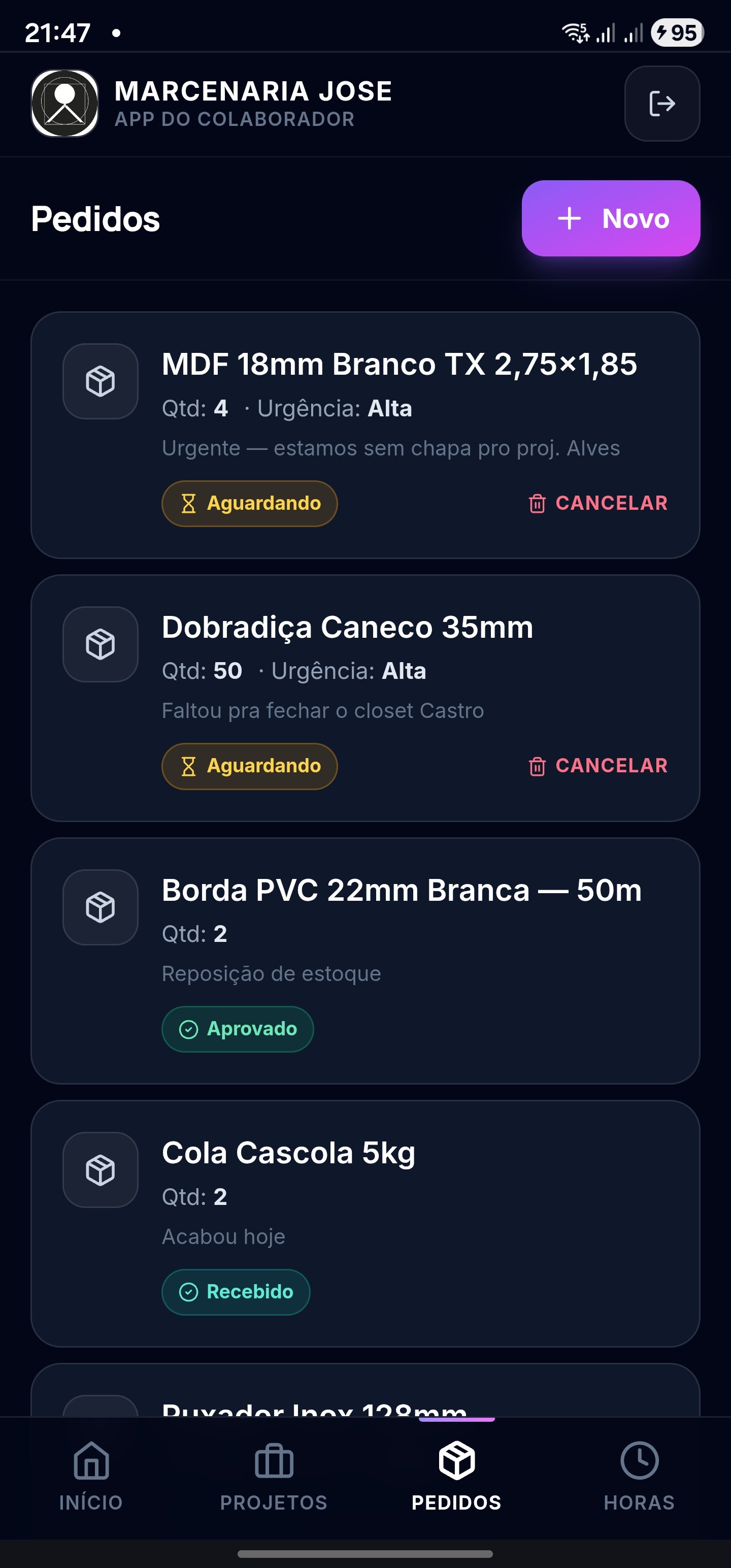 Worker — pedidos de material
